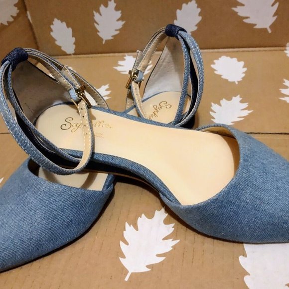 Seychelles Plateau Denim Ankle Strap Flats Sz 6 Anthropologie ~ Like New! - Picture 3 of 12